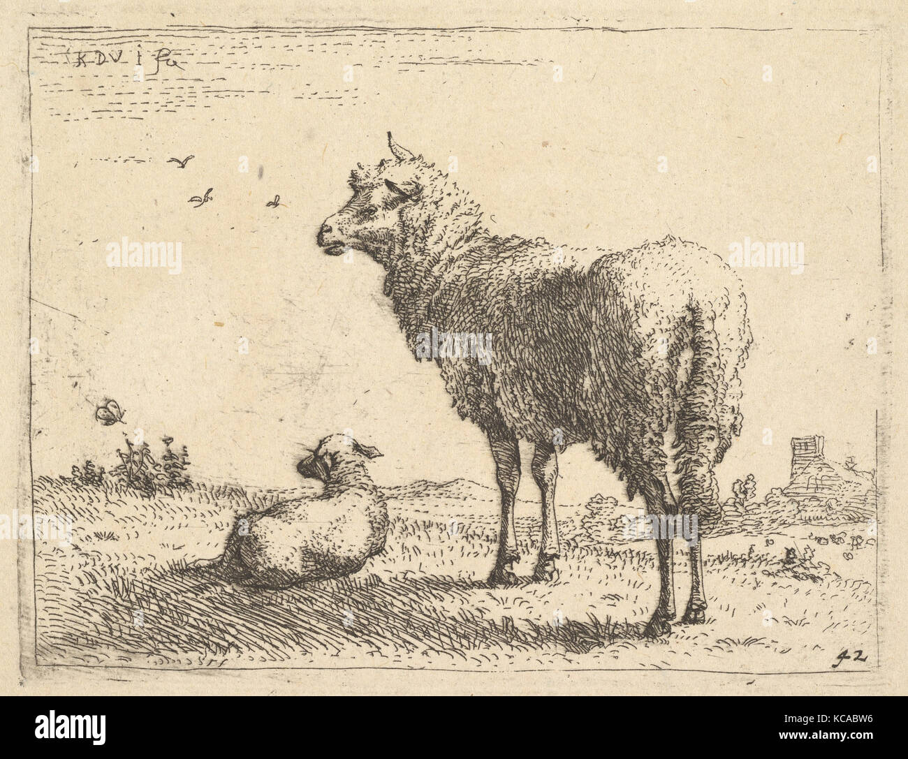 Una coppia di ovini in tre quarti di visualizzare in piedi e guardando a sinistra, accanto ad esso un agnello giace sull'erba, Karel Dujardin, ca. 1655 Foto Stock