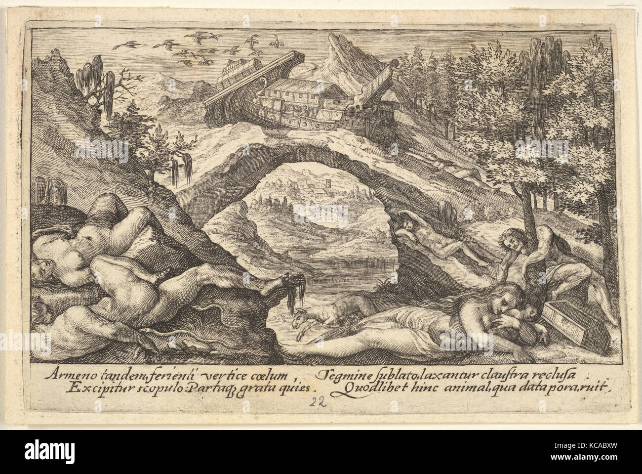 Conseguenze del diluvio: corpi umani sparsi sulla terra asciutta in primo piano, l'arca di Noè ormeggiata su un promontorio roccioso al di là Foto Stock