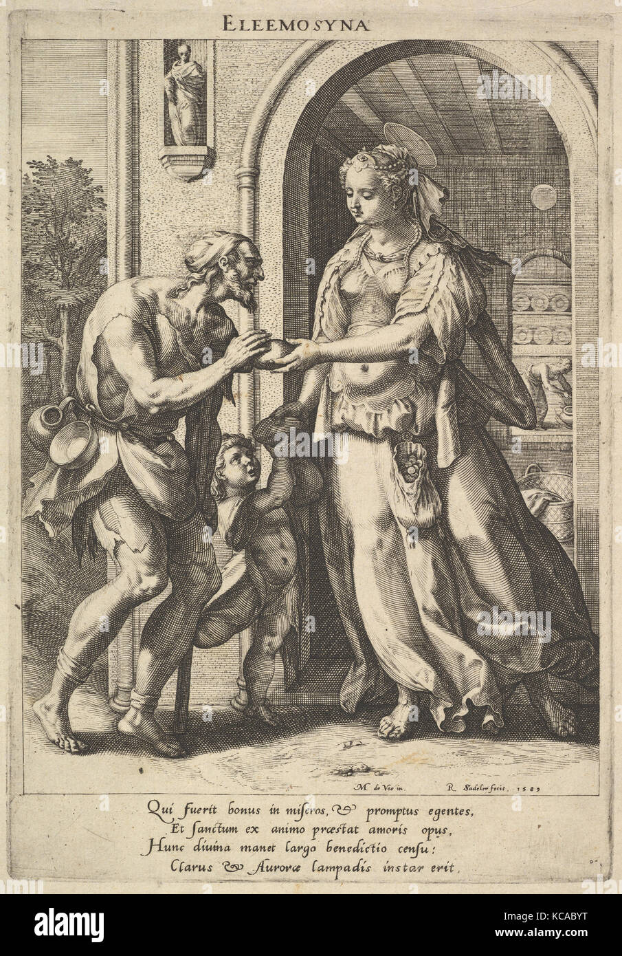 Elemosina: una donna con perla copricapo e alo mani il pane ai due mendicanti maschio, una barbuta e l'altra un bambino Foto Stock