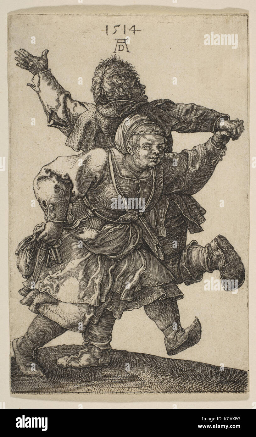 Contadino coppia danzante, 1514, incisione, foglio: 4 5/8 × 2 15/16 in. (11,8 × 7,5 cm), stampe di Albrecht Dürer (tedesco, Norimberga Foto Stock