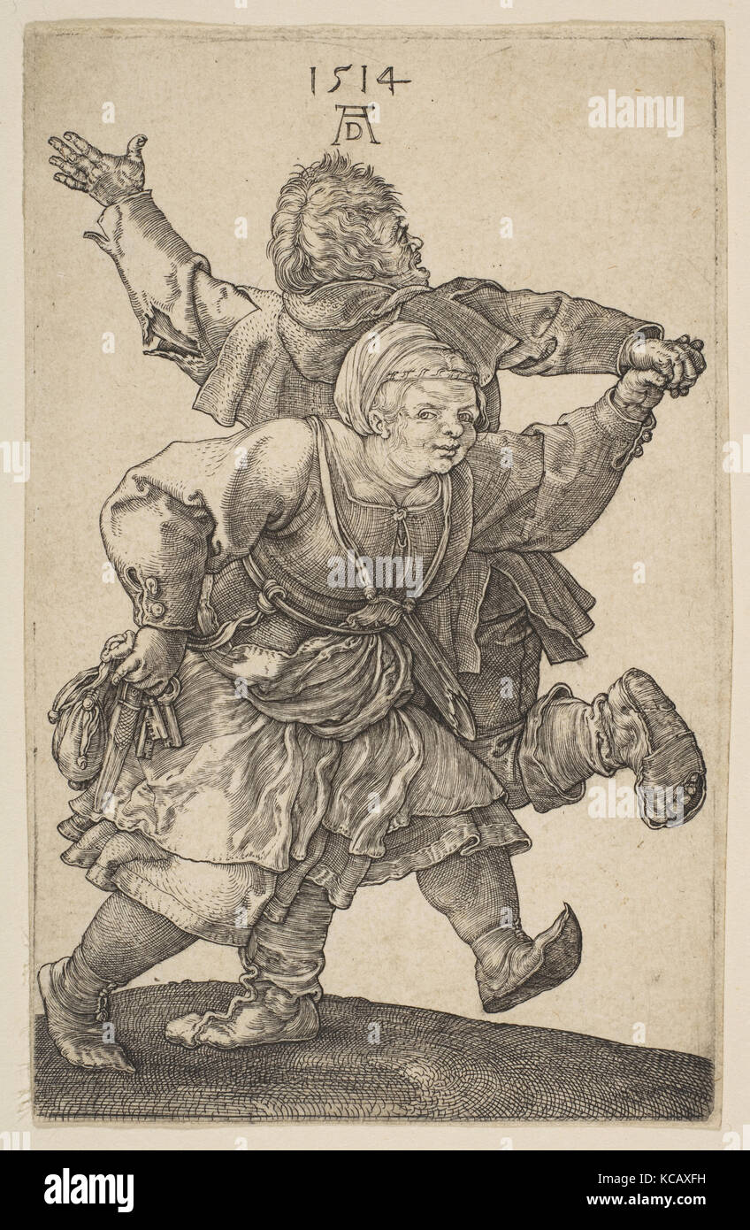 Contadino coppia danzante, 1514, incisione, foglio: 4 5/8 × 2 15/16 in. (11,8 × 7,5 cm), stampe di Albrecht Dürer (tedesco, Norimberga Foto Stock