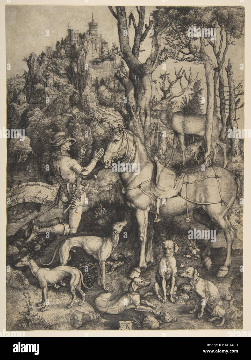 Sant'Eustachio, ca. 1501, incisione, foglio: 13 7/8 × 10 1/4 in. (35,3 × 26 cm), stampe di Albrecht Dürer (tedesco, Norimberga 1471 Foto Stock