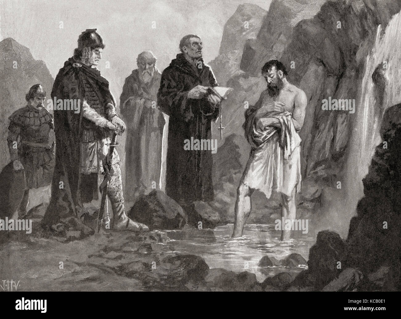 Il battesimo di Boris i nel 864, dove fu chiamato Michele in onore del suo padrino, l'imperatore Michele III Boris i alias Boris-Mikhail (Michael) e Bogoris, morì il 2 maggio 907. Sovrano del primo Impero bulgaro nel 852–889. Dopo il dipinto di J.H. Valda, D.1941. Da Hutchinson's History of the Nations, pubblicato nel 1915. Foto Stock