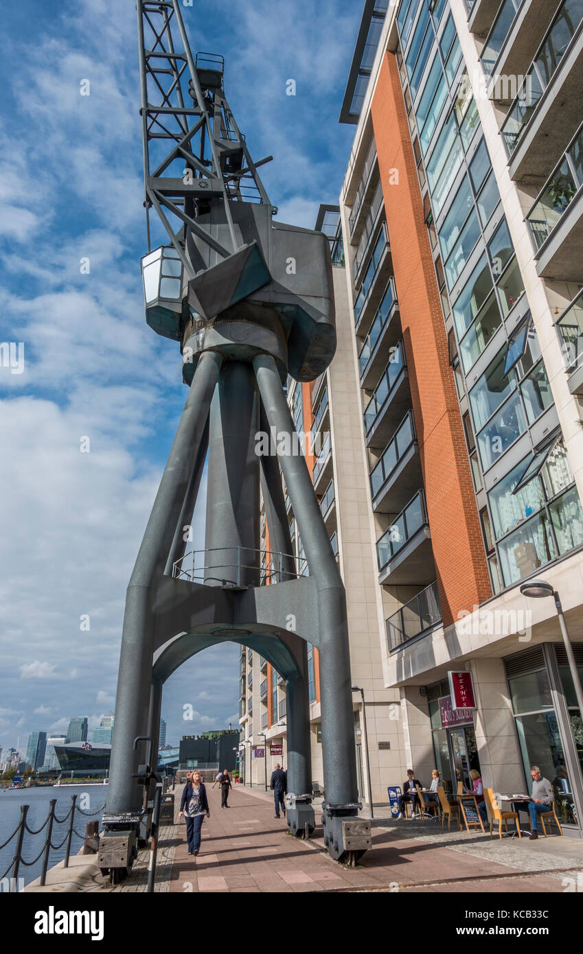 Una storica Il Grade ii Listed gru (parte della vecchia industria marittima) affacciato sul Royal Victoria Dock (Docklands lato), nella zona est di Londra, Inghilterra, Regno Unito. Foto Stock