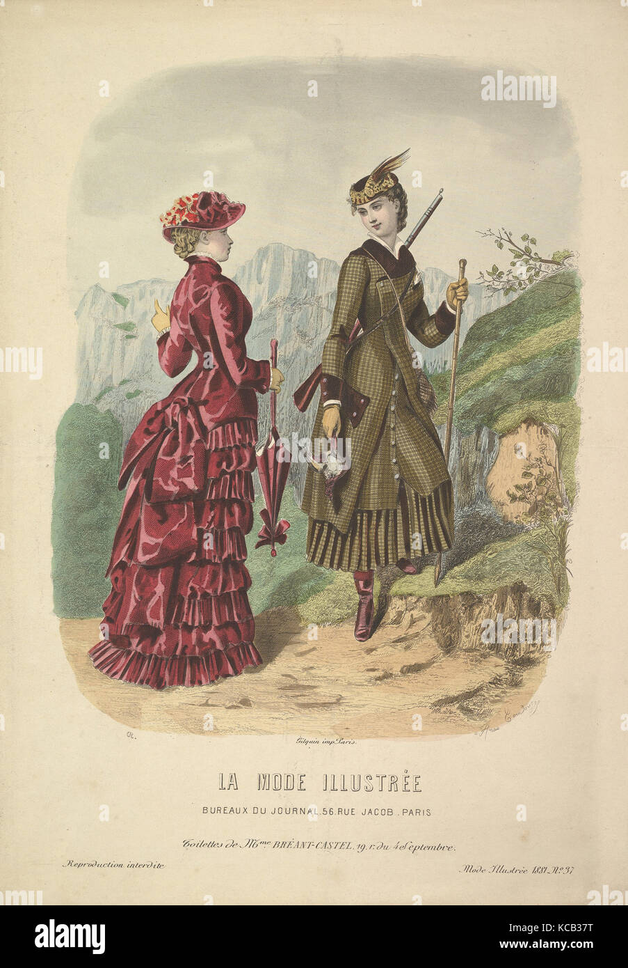 Una donna in un costume di caccia con una donna in costume a piedi su un sentiero di montagna da La Mode Illustrée, Adèle-Anaïs Toudouze, 1881 Foto Stock