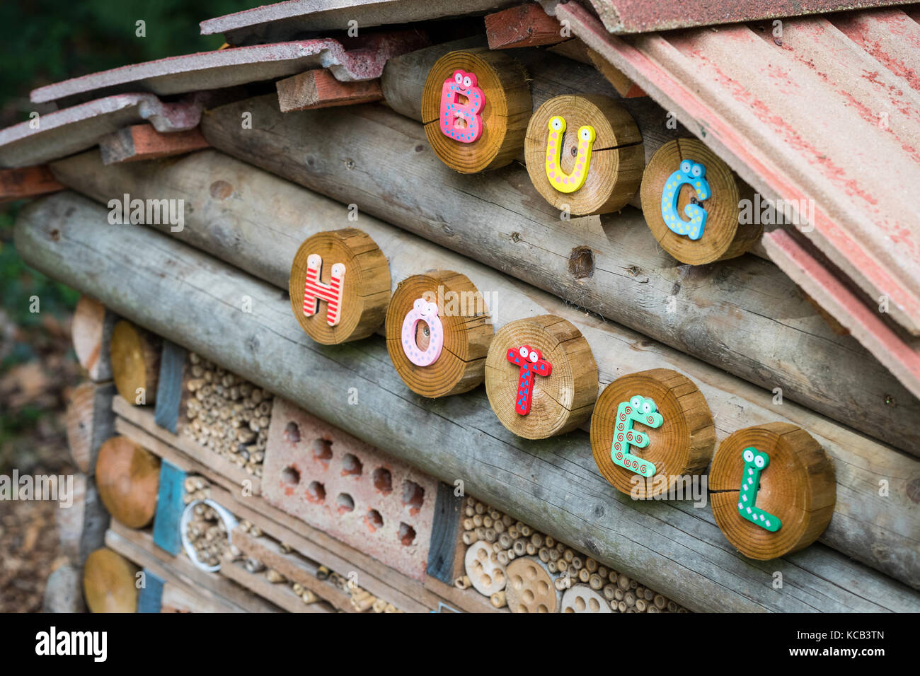 Un bug hotel in un giardino comunale Foto Stock
