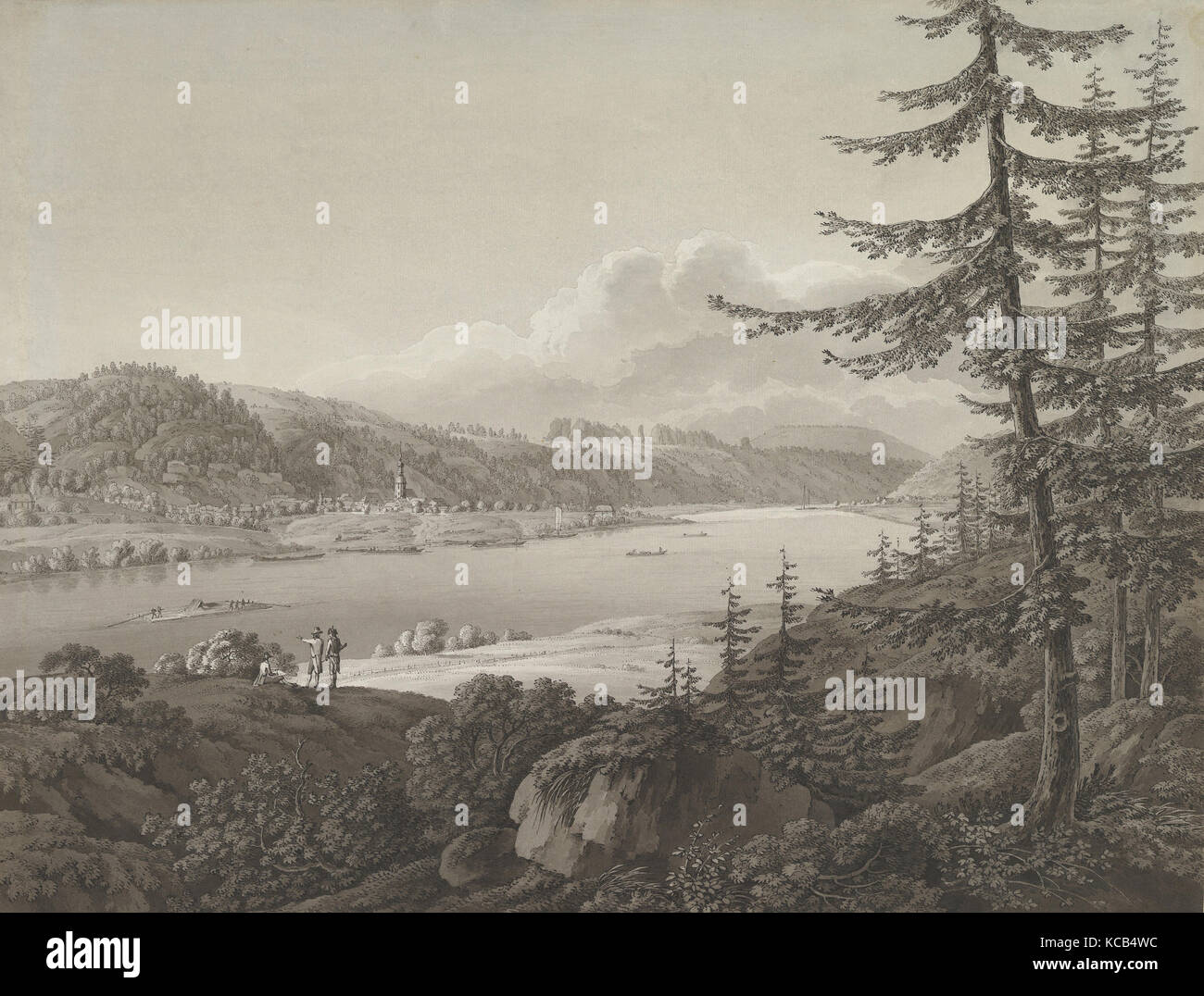 La vista su Bad Schandau presso il fiume Elba con la Winterberg, Adrian Zingg, 18th-inizio del XIX secolo Foto Stock