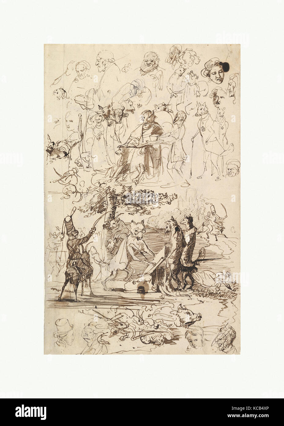 Foglio di studi, compresi per Reineke Fuchs; tergo: Studi di soldati e di una battaglia in un bosco, Wilhelm von Kaulbach Foto Stock