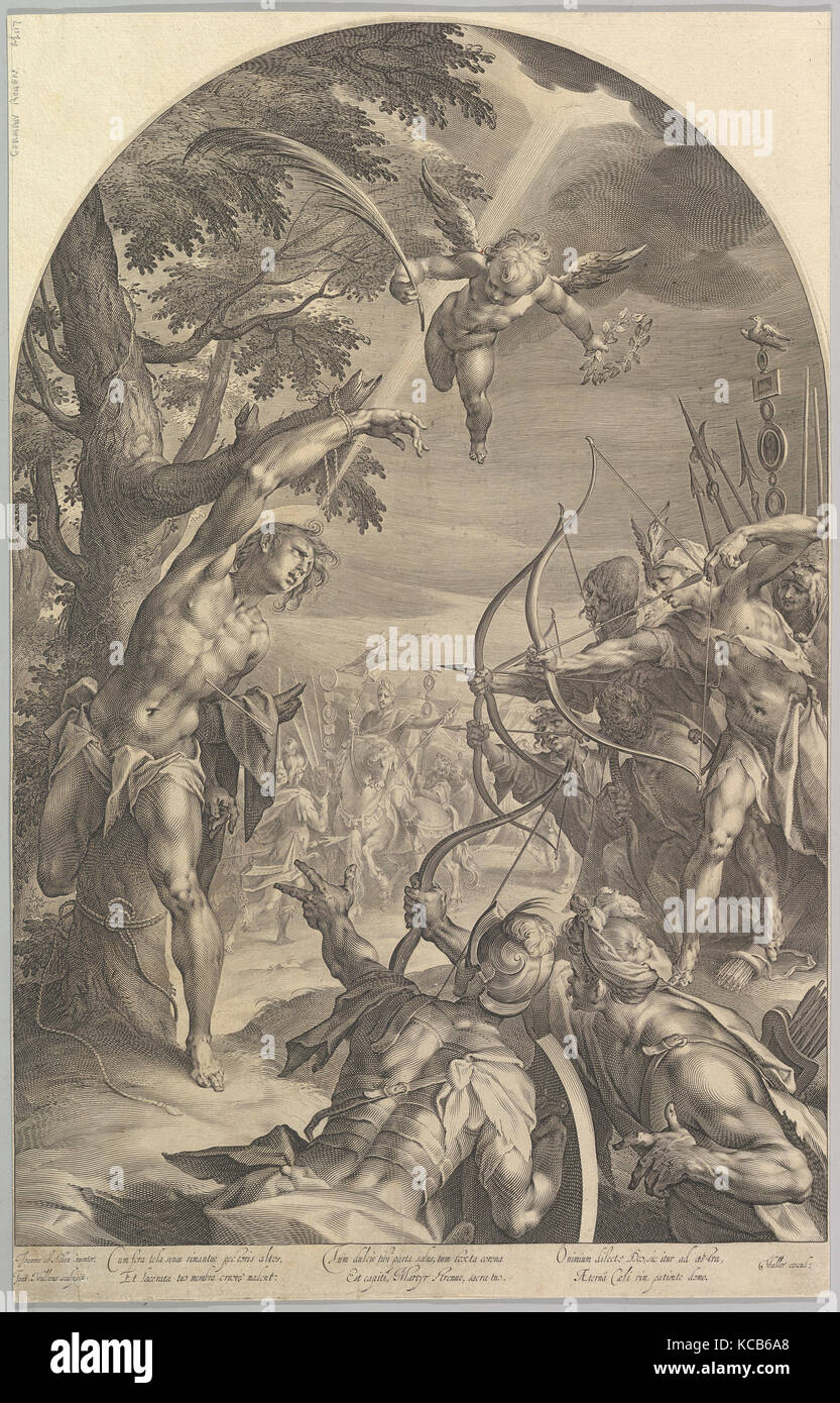 Il Martirio di San Sebastiano, ca. 1600, incisione, foglio: 21 1/8 × 13 5/16 in. (53,6 × 33,8 cm), stampe, Jan Muller (Netherlandish Foto Stock