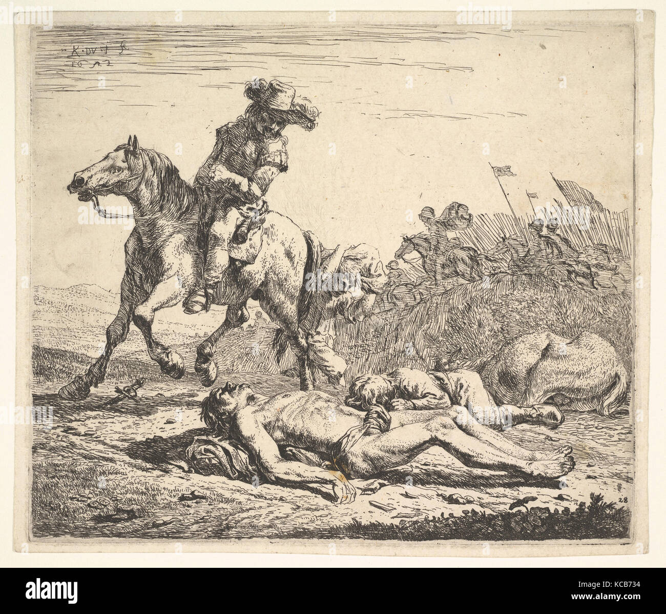 Campo di battaglia con il cavaliere guardando sopra la sua spalla sinistra verso spogliato di cadavere sul terreno, un vestito la figura del cavallo e giacente Foto Stock