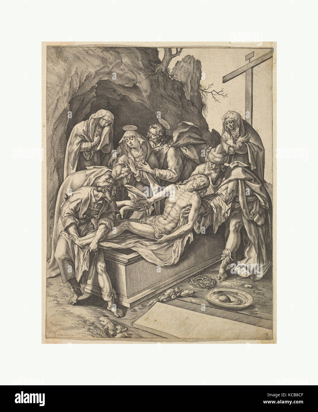 Tumulazione, 1584, incisione, foglio: 10 1/4 × 7 15/16 in. (26 × 20,1 cm), stampe, Hieronymus (Girolamo) Wierix (Netherlandish Foto Stock