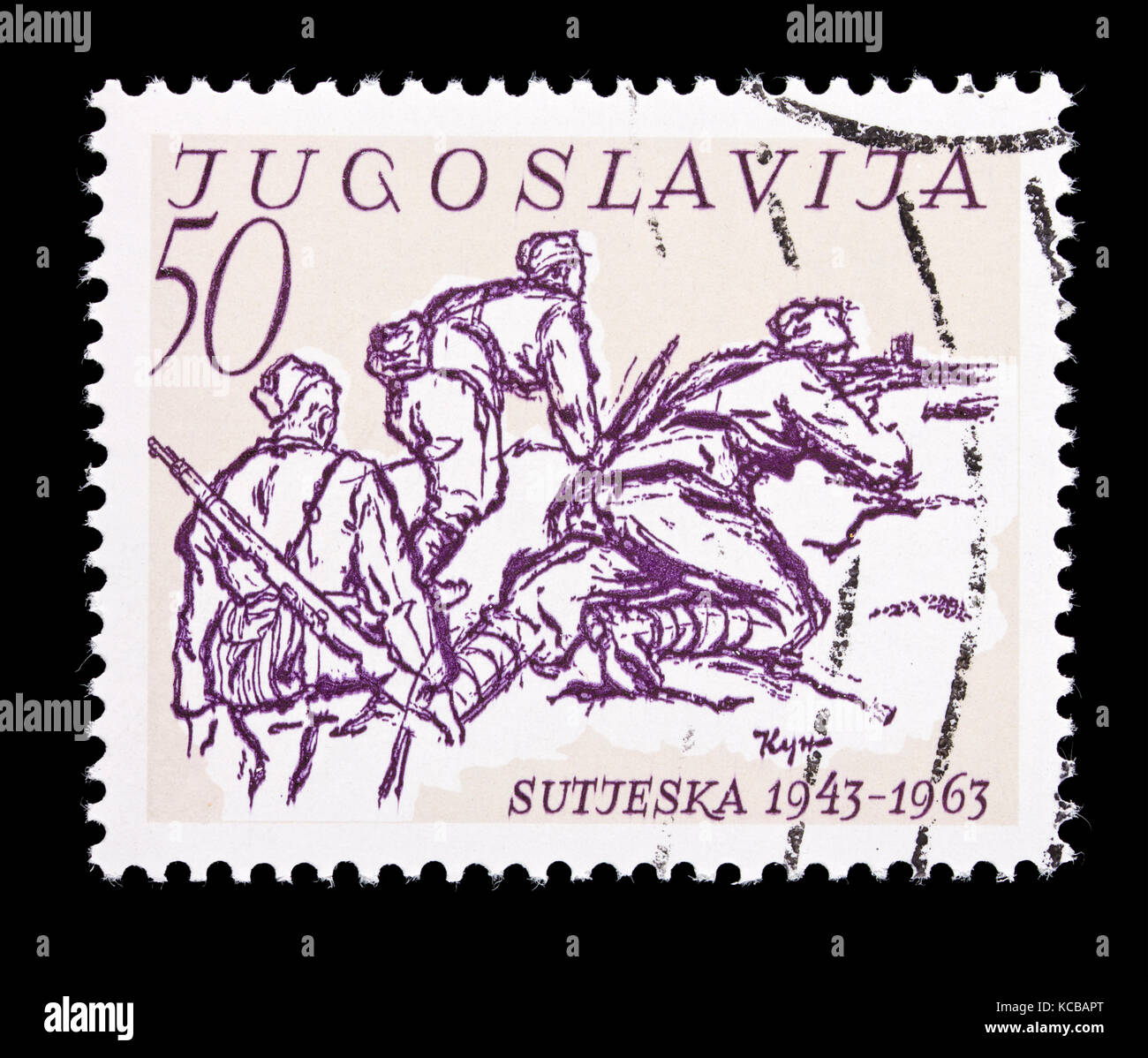 Francobollo dalla Iugoslavia raffiguranti i partigiani in battaglia, il ventesimo anniversario della battaglia di Sutjeska. Foto Stock