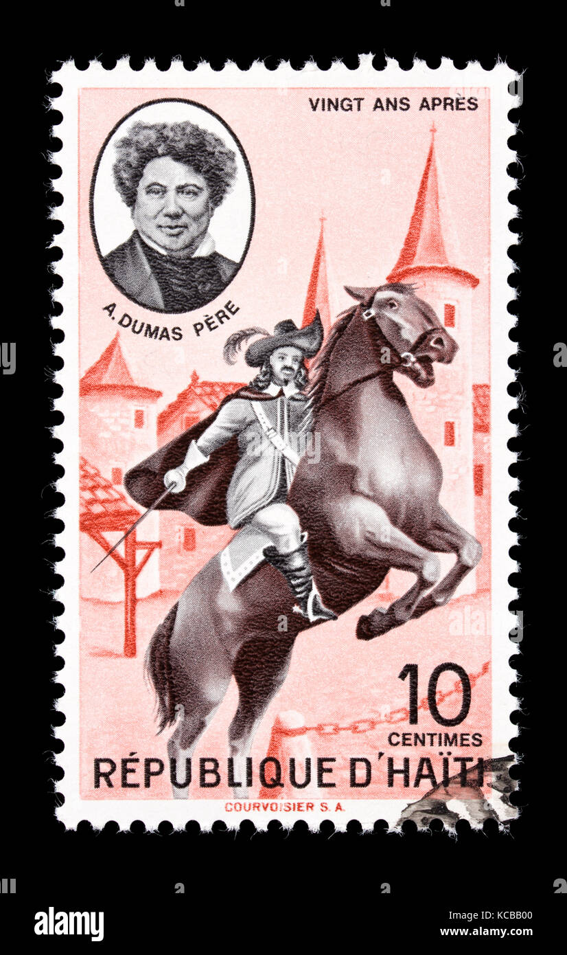 Francobollo da Haiti raffigurante Alexandre Dumas Pere e un Musketeer. Foto Stock