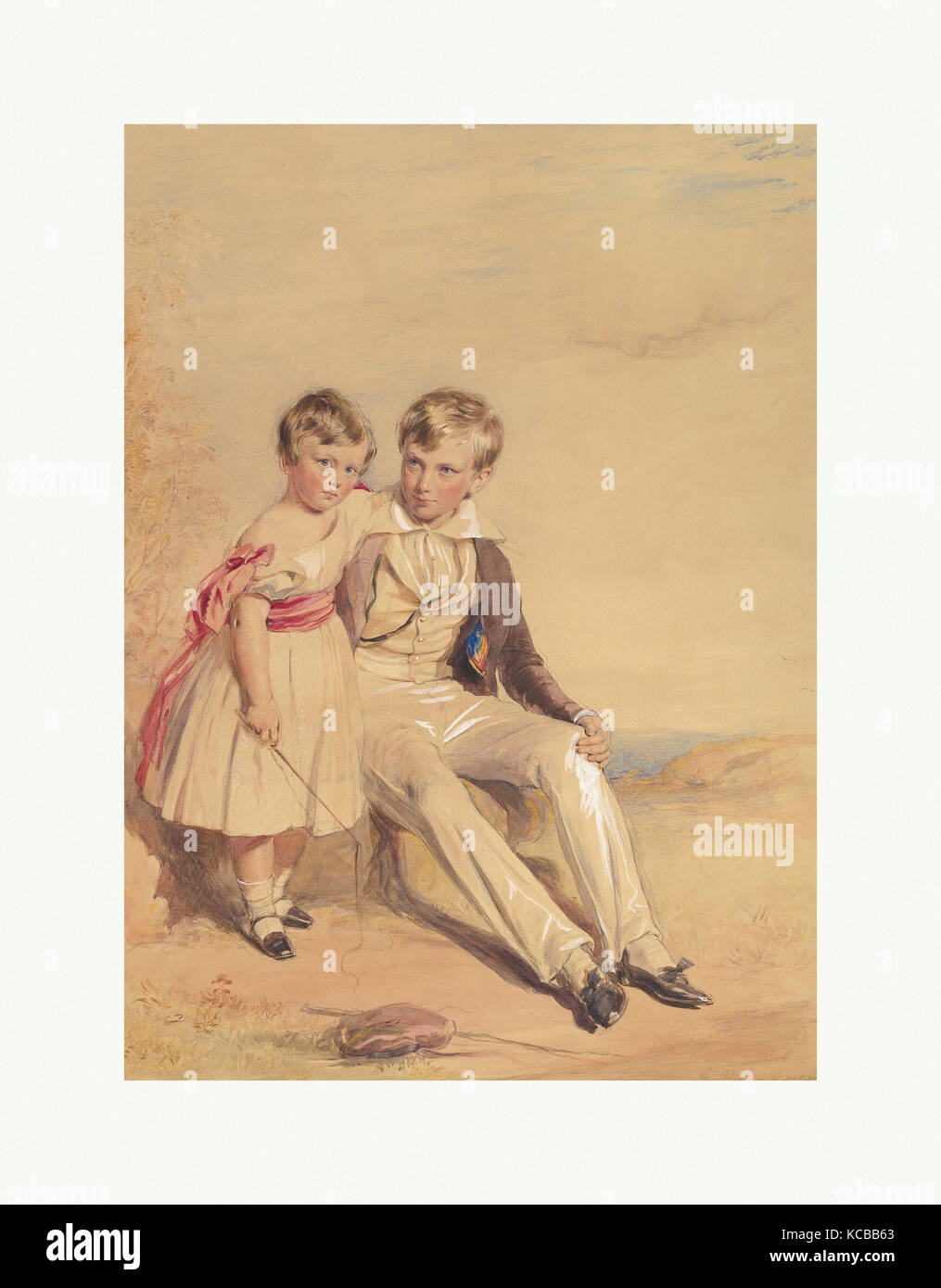 Ritratto di due bambini, 1837, acquarello e tempera con tocchi di gomma e oro su carta gialla, foglio: 22 7/8 x 16 5/8 in Foto Stock