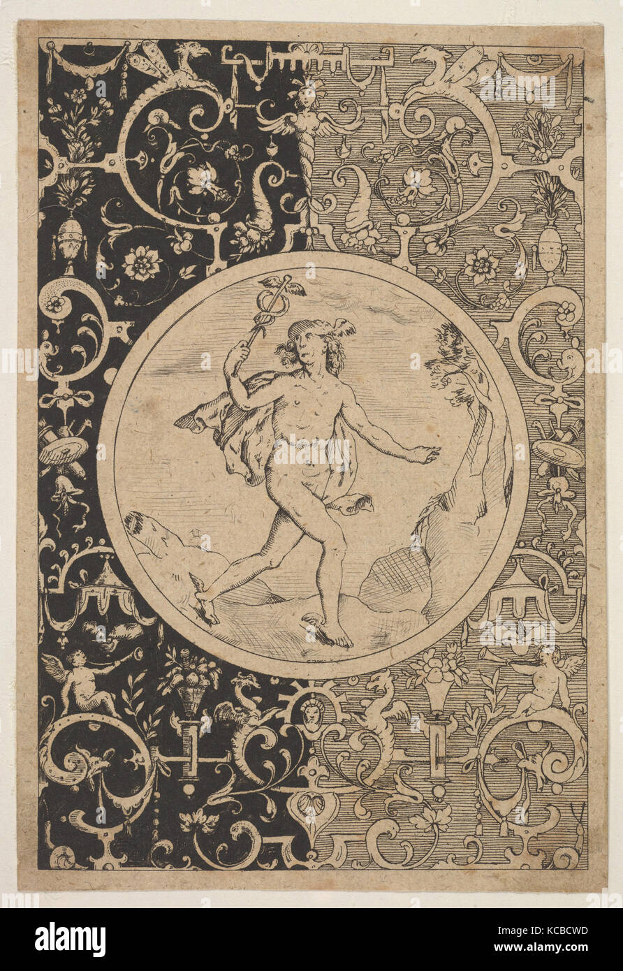 Mercurio in una cornice decorativa con grottesche, dopo Adriaen Collaert, ca. 1600-1630 Foto Stock
