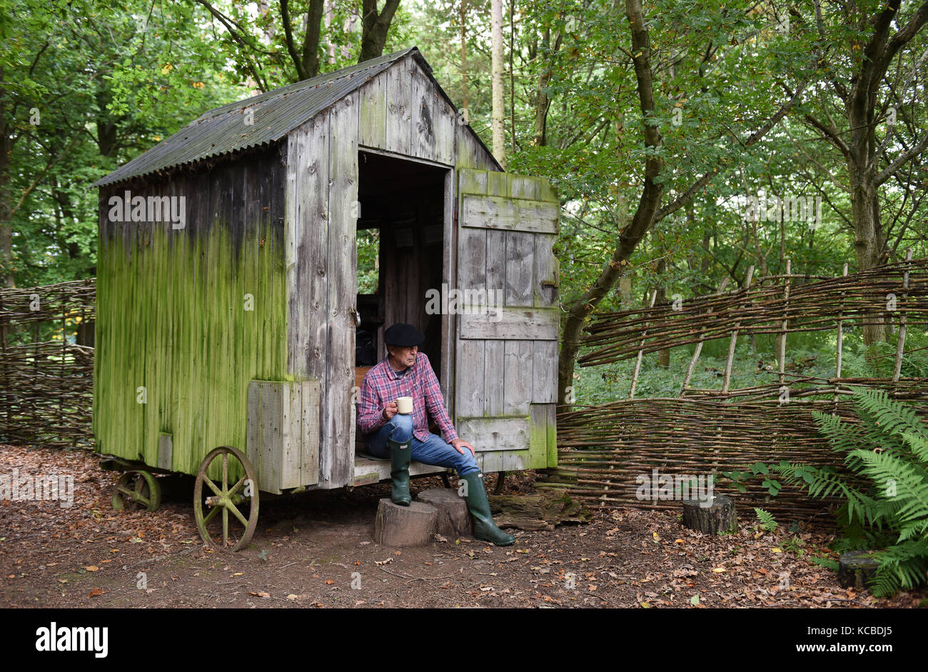 Uomo rilassante al capannone di giardino di bosco su ruote Gran Bretagna appartato isolamento isolamento rifugio rurale hideaway Foto Stock