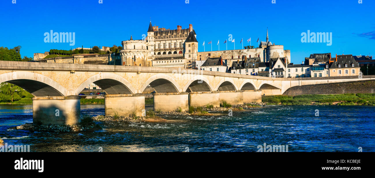 Bellissima amboise village,vista con ponte vecchio e il castello,della Valle della Loira, Francia. Foto Stock