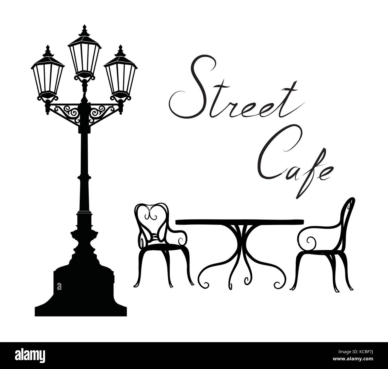 Street Cafe - tavoli e sedie, lampione e lettering. La vita della città di elementi di design Illustrazione Vettoriale