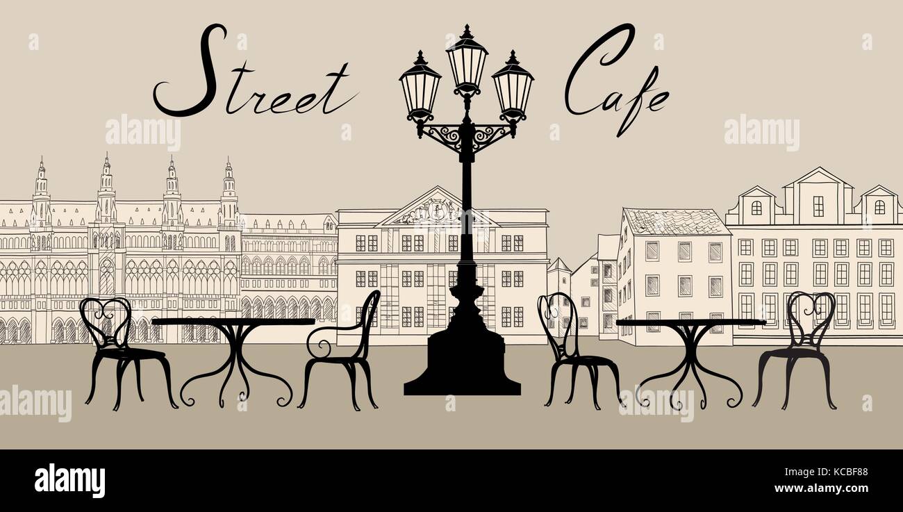 Retrò città vista. cityscape con facciata di edificio. street cafe gli elementi di design con caratteri Illustrazione Vettoriale