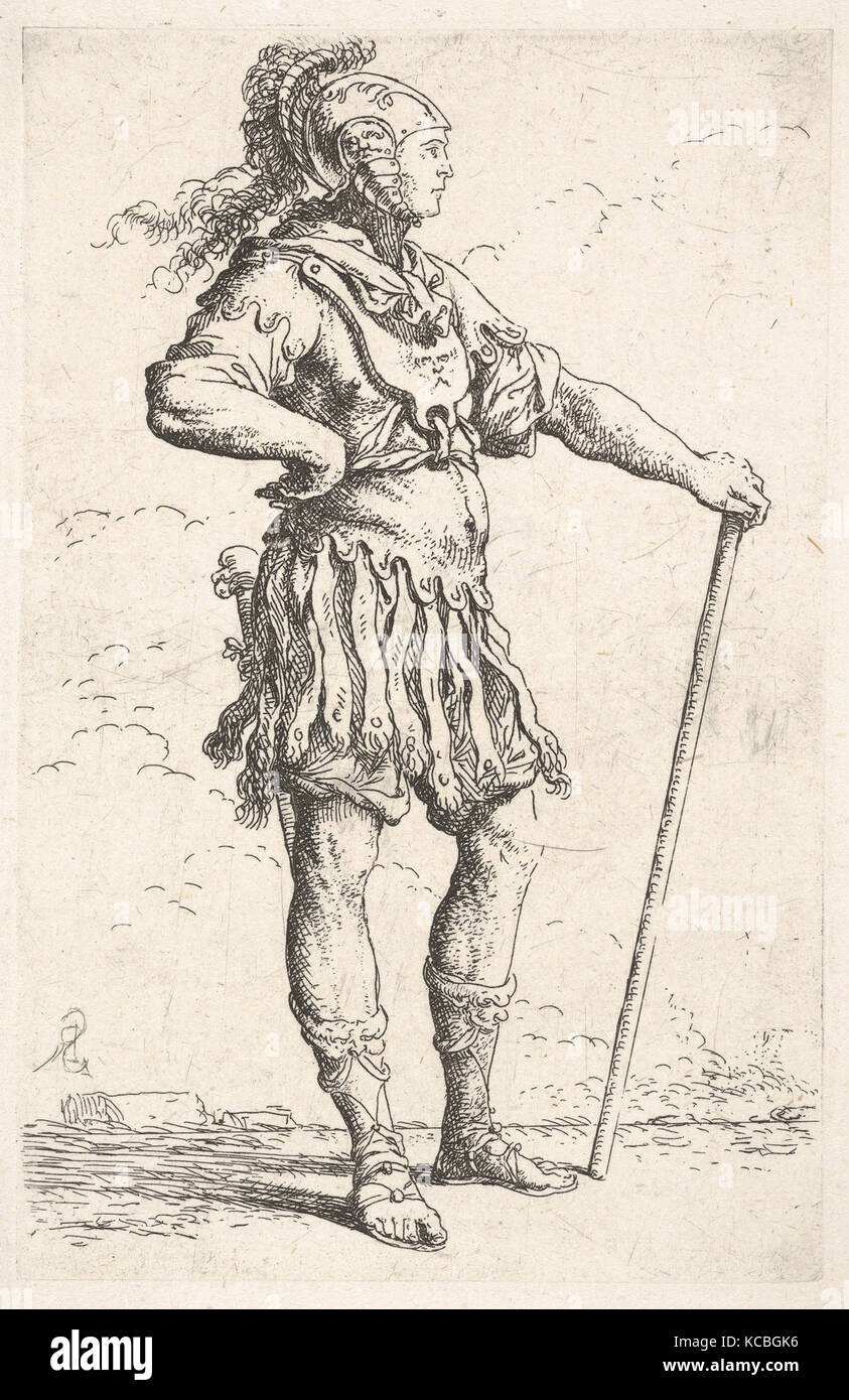 Un Guerriero rivolto verso destra indossa un casco piumati e tenendo un personale, dalla serie 'figurina', Salvator Rosa, ca. 1656-1657 Foto Stock