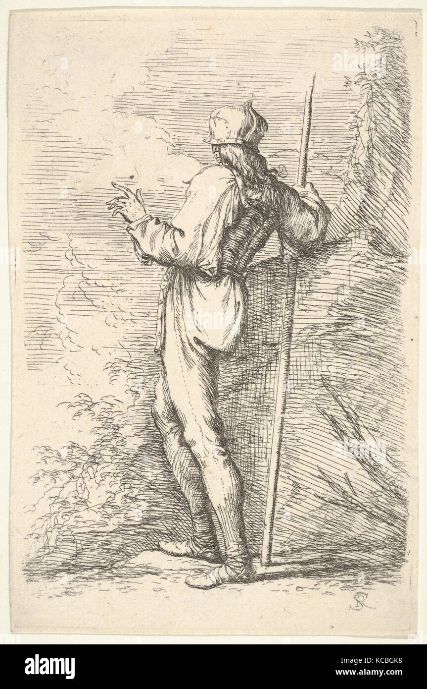 Un Guerriero mostrato da dietro tenendo un personale e appoggiato su di una roccia, dalla serie 'figurina', Salvator Rosa, ca. 1656-1657 Foto Stock