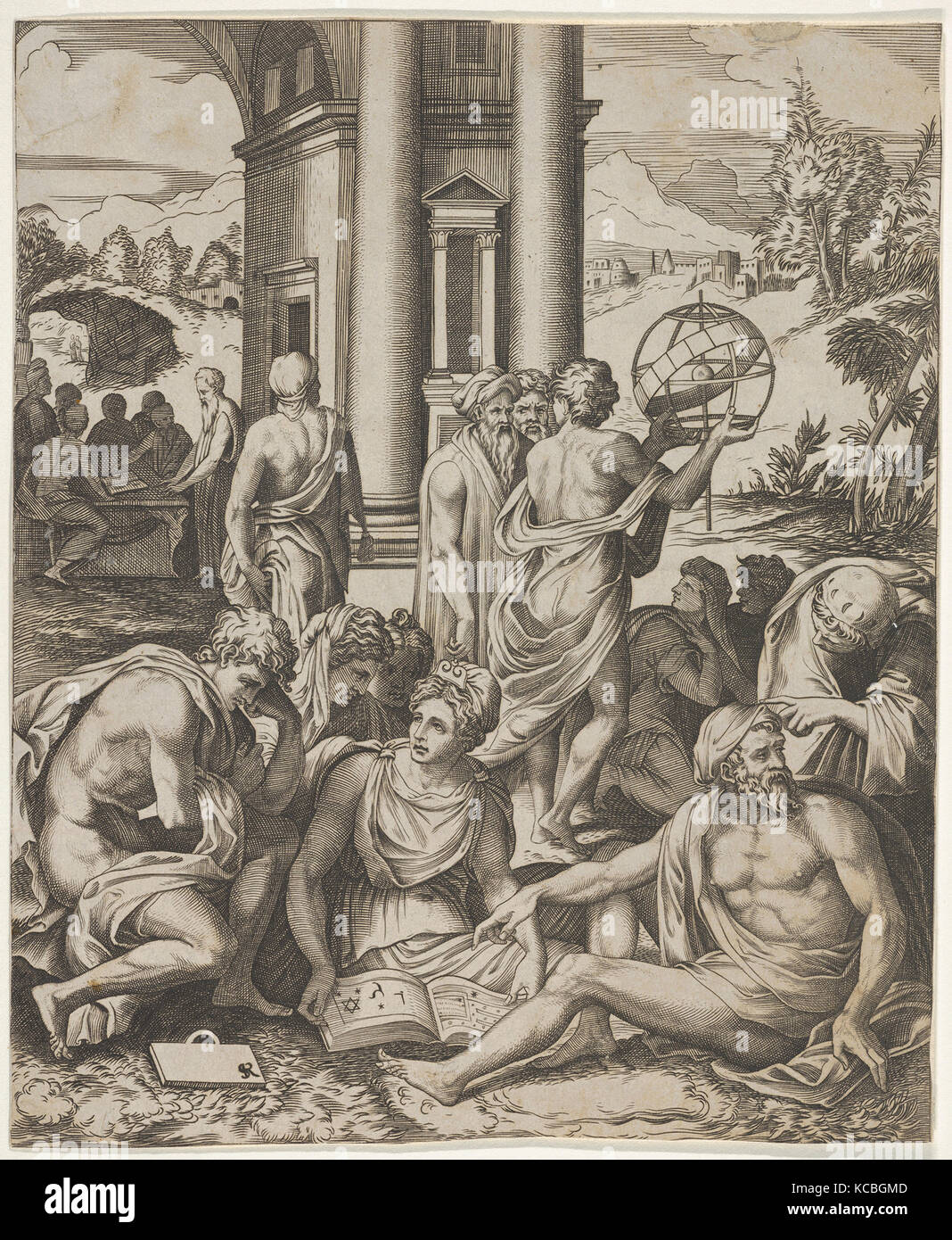 Assemblaggio del maschio e femmina di studiosi riuniti intorno a un libro aperto, nella terra di mezzo un uomo detiene aloft una sfera armillare Foto Stock