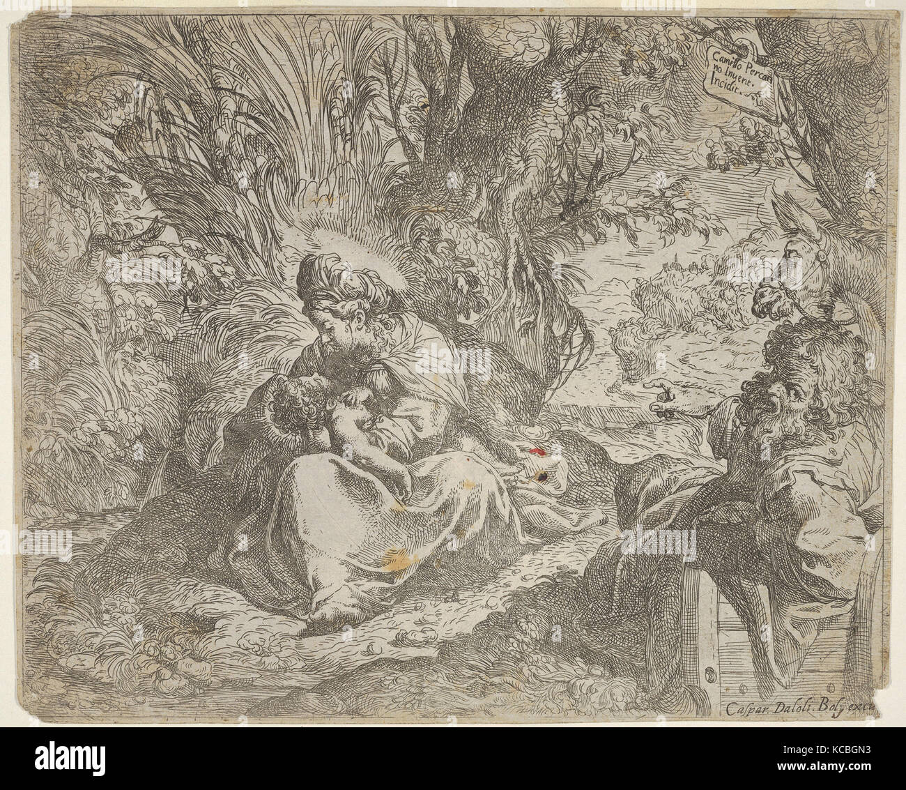 Resto sulla fuga in Egitto, la Vergine seduto sull'erba in un boschetto con il Cristo Bambino in grembo a destra Giuseppe reclinabile Foto Stock