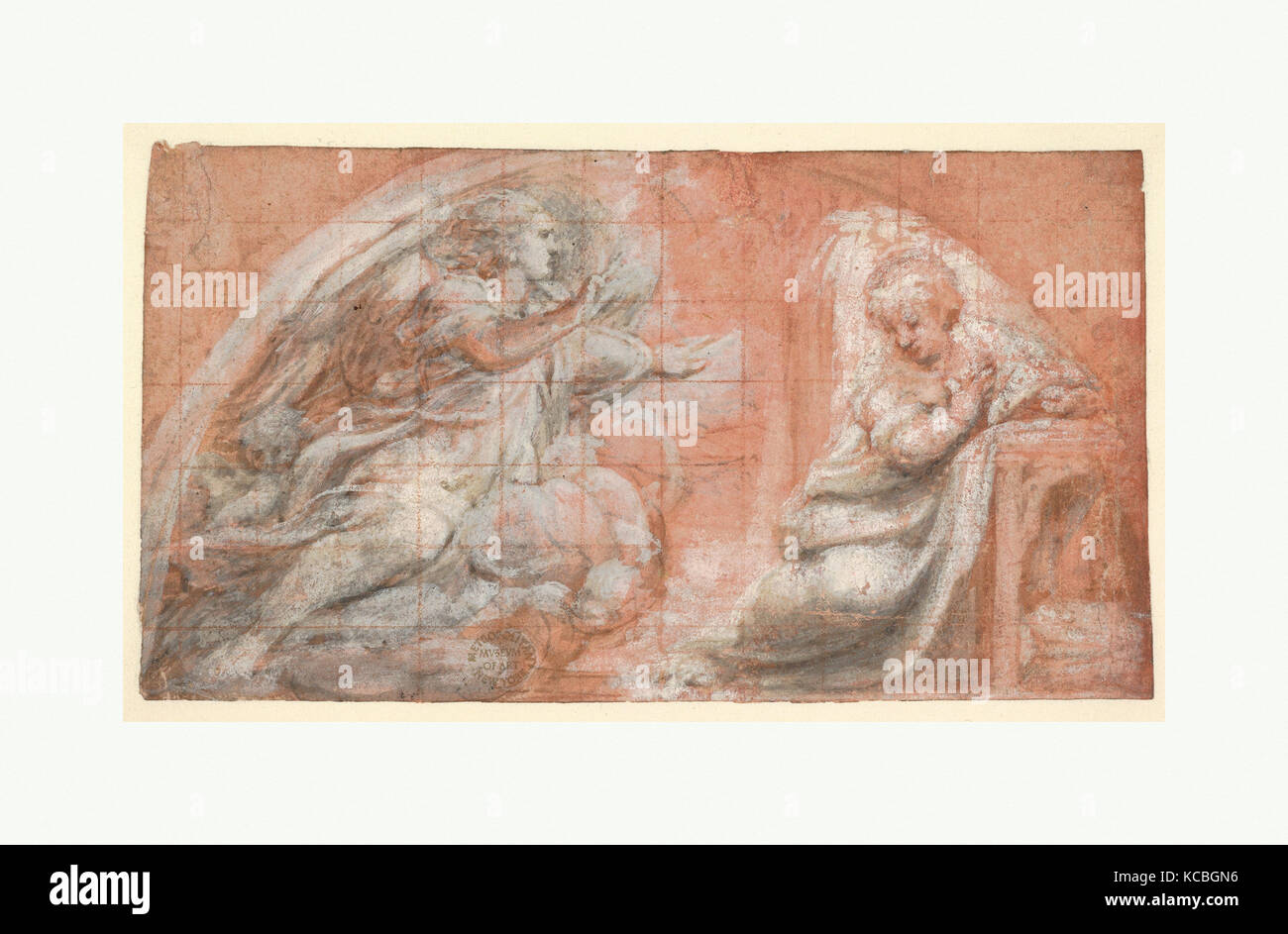 L'Annunciazione, ca. 1522-25, penna e inchiostro bruno, spazzola e grigio-marrone di lavaggio, evidenziata con gouache bianco, quadrato in rosso Foto Stock