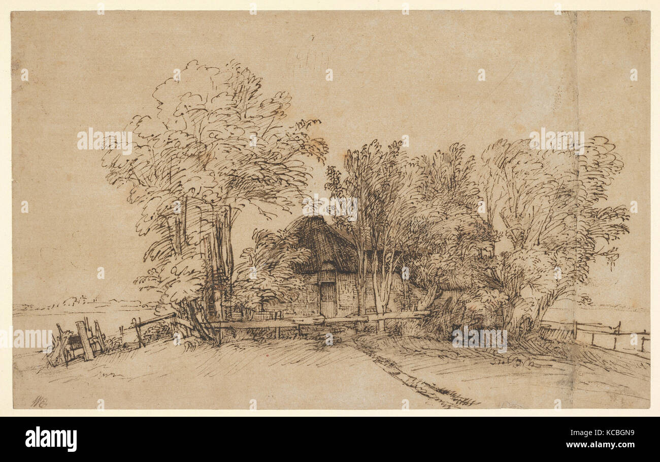 Cottage tra alberi, ca. 1650, a penna e inchiostro bruno, spazzola e lavaggio marrone, su carta lavata con marrone, 6 3/4 x 10 7/8 in. (17,1 x 2 Foto Stock