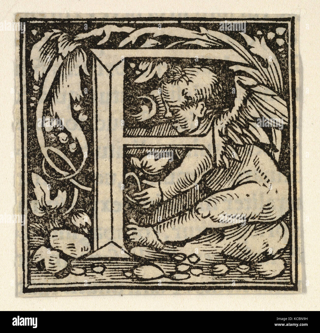 Disegni e Stampe, Stampa, lettera iniziale F con putto, artista Heinrich Vogtherr il sambuco, Tedesco, nato 1490, attivo 1538 Foto Stock