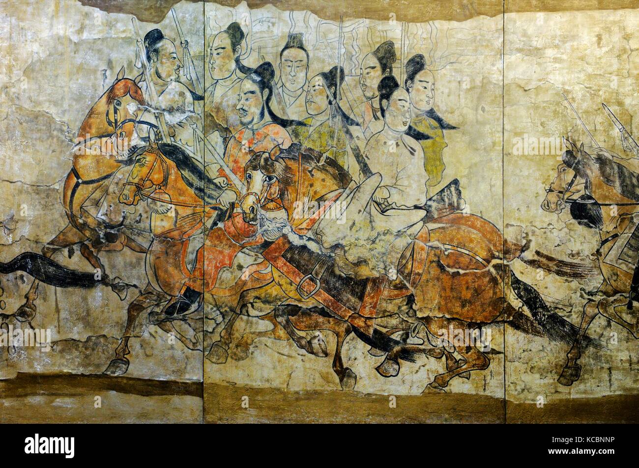 A nord della dinastia Qi. Dettaglio del murale processione dalla tomba Lourui in Wangguo villaggio, città di Taiyuan, nella provincia di Shanxi, Cina Foto Stock