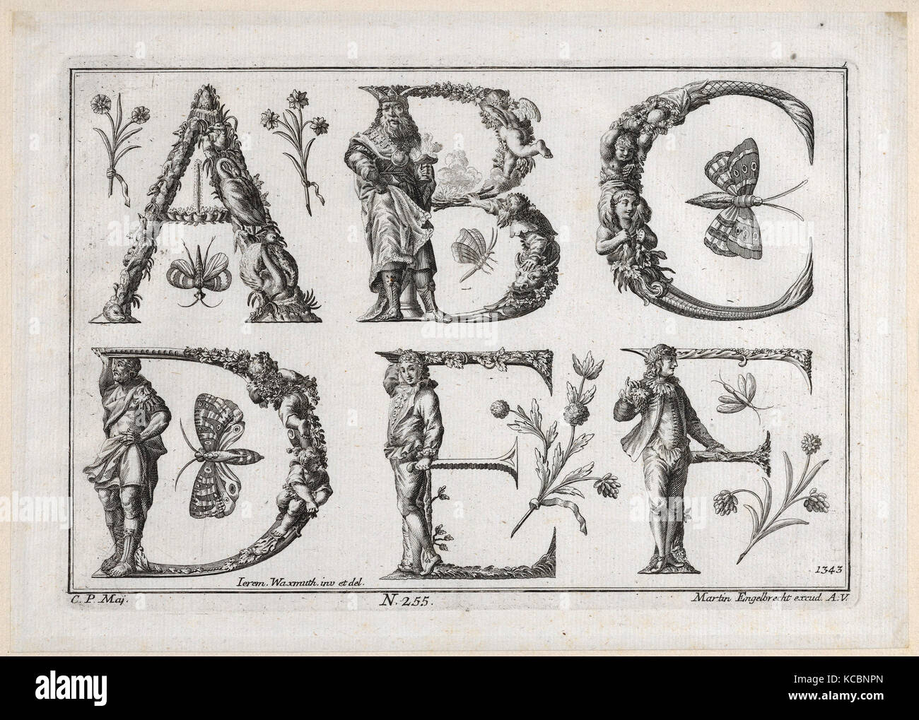 Disegni e Stampe, Stampa, decorato alfabeto romano, editore, artista, Martin Engelbrecht, Jeremias Wachsmuth, Tedesco Foto Stock