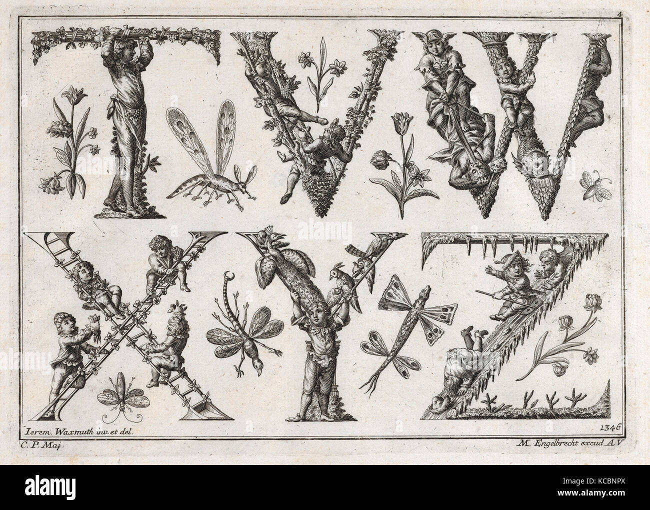 Disegni e Stampe, Stampa, decorato alfabeto romano, artista, Publisher Jeremias Wachsmuth, Martin Engelbrecht, Tedesco, 1712 Foto Stock
