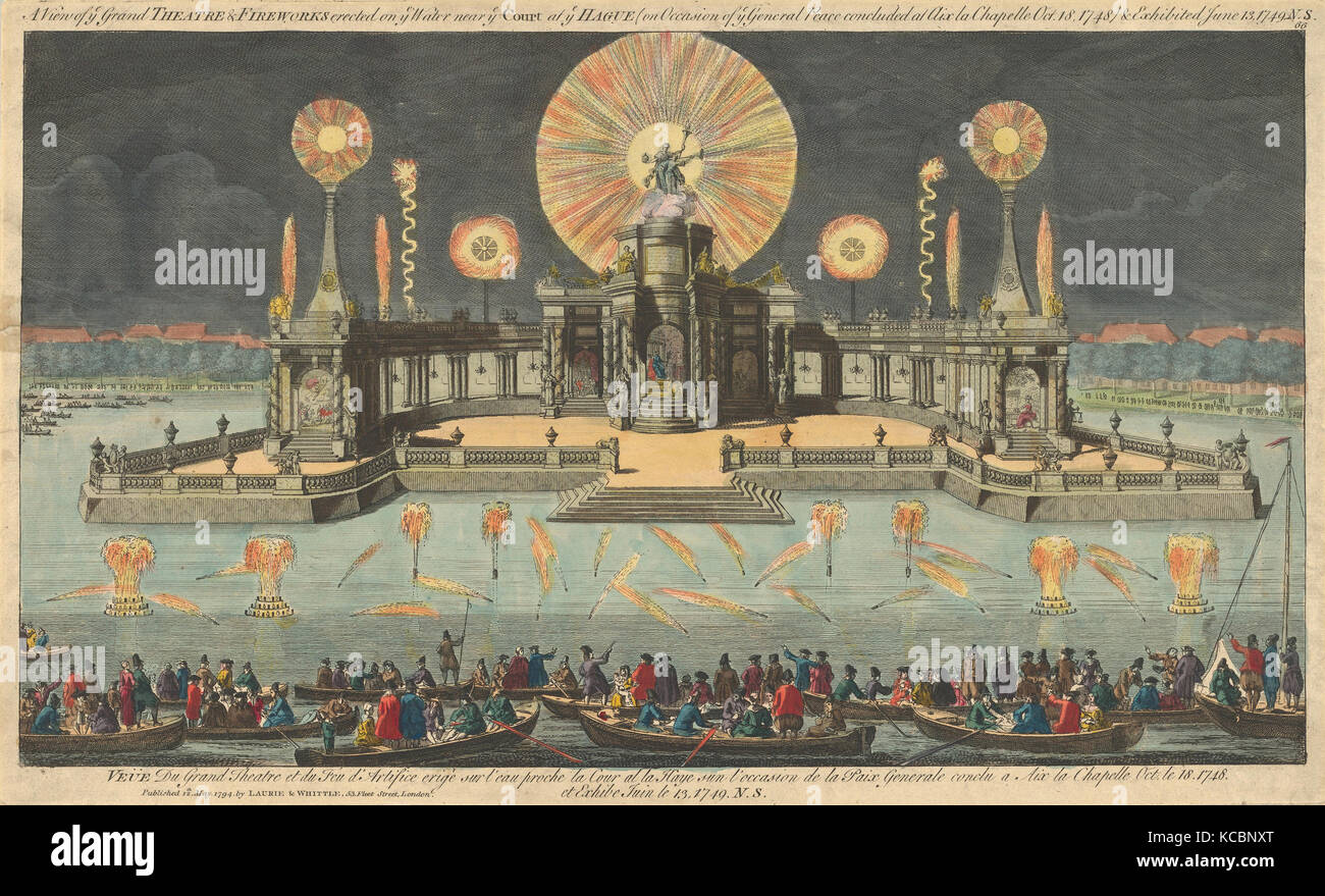 Una vista di ye Grand Theatre e fuochi d'artificio eretto su voi acqua vicino a voi la Corte a ye aia (in occasione di voi la pace generale concluso Foto Stock