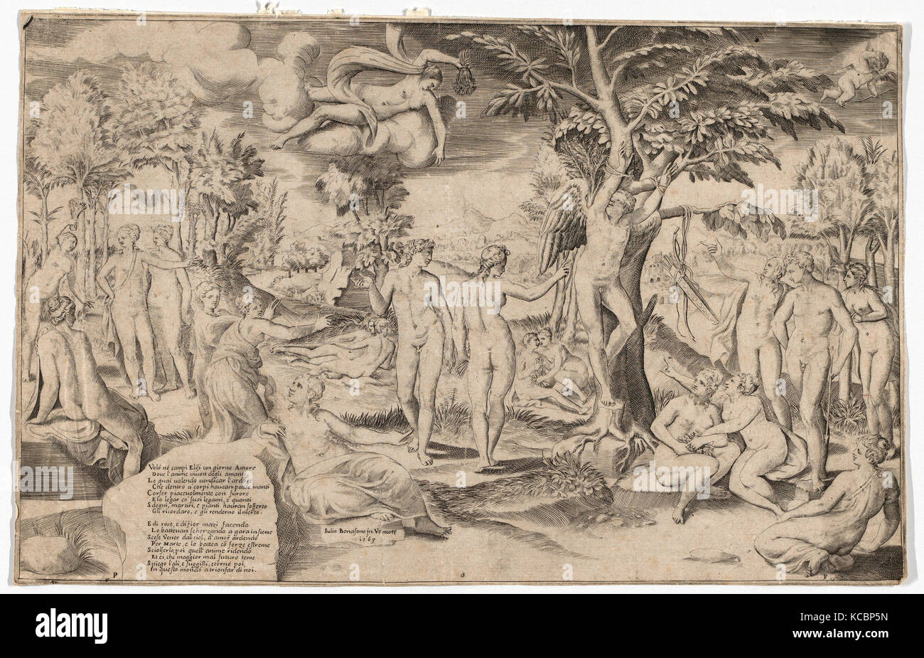 Disegni e Stampe, Stampa, Cupido nell'Elysian campi legati a un albero nel centro, circondato da molte figure, Publisher Foto Stock