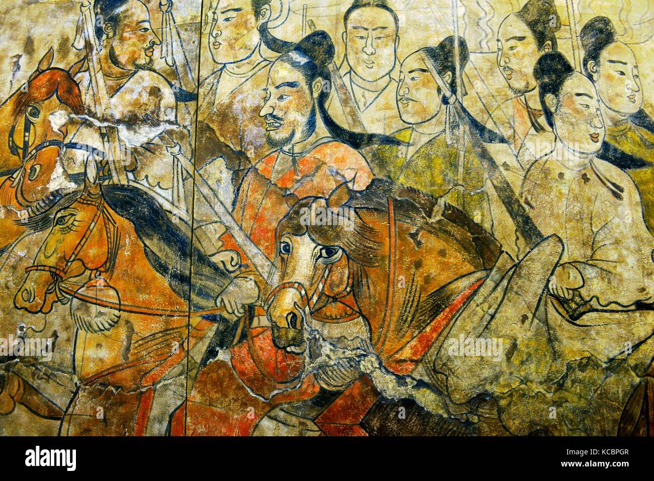 A nord della dinastia Qi. Dettaglio del murale processione dalla tomba Lourui in Wangguo villaggio, città di Taiyuan, nella provincia di Shanxi, Cina Foto Stock