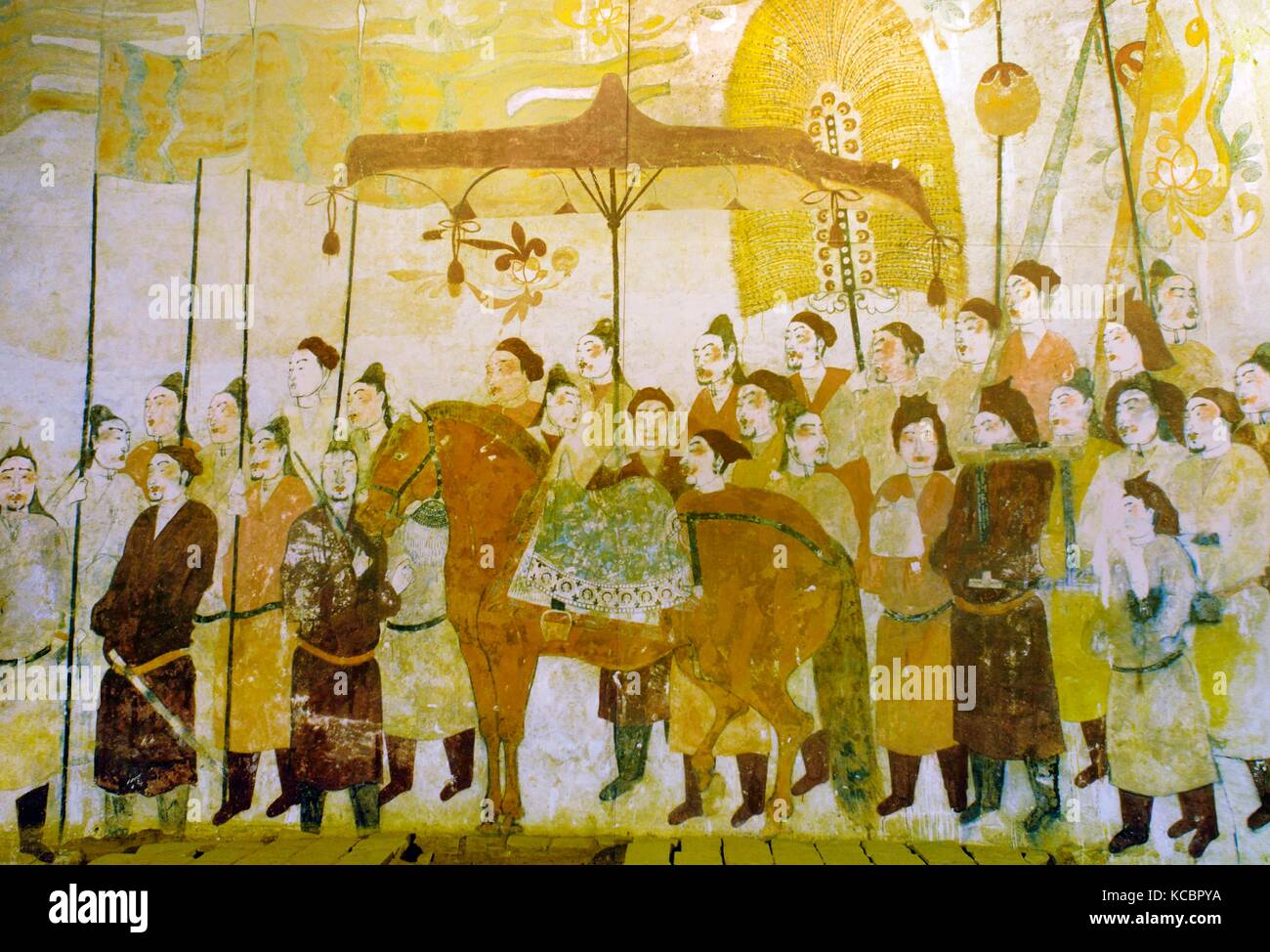 Antico dipinto murale della tomba occupanti di uscire. A nord della dinastia Qi. Dalla tomba di Xu Xianxiu a Wangjiafeng, Taiyuan City, Shanxi, Cina Foto Stock