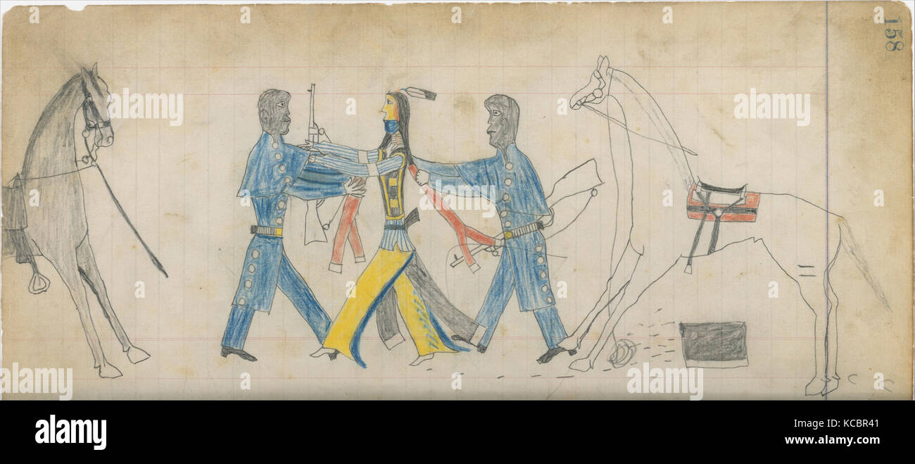 Nero ufficiali di cavalleria e indiani, 1884, Stati Uniti, Oklahoma, Cheyenne o Arapaho, inchiostro e matita su carta, W. 11 3/4 in Foto Stock