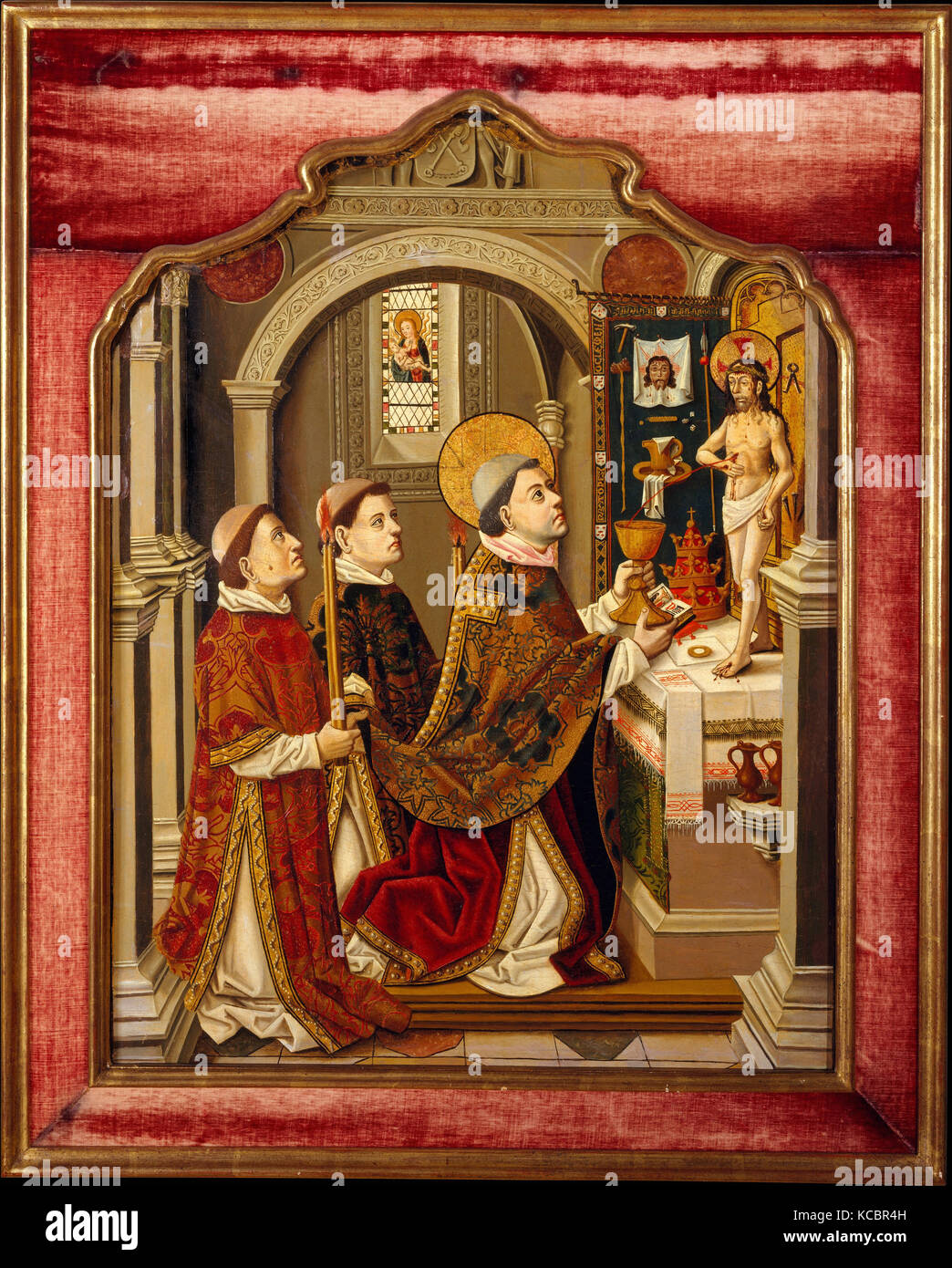 La Messa di San Gregorio, petrolio e oro su legno, 28 3/8 x 21 7/8 in. (72,1 x 55,6 cm), dipinti, pittore spagnolo (ca. 1490-1500 Foto Stock