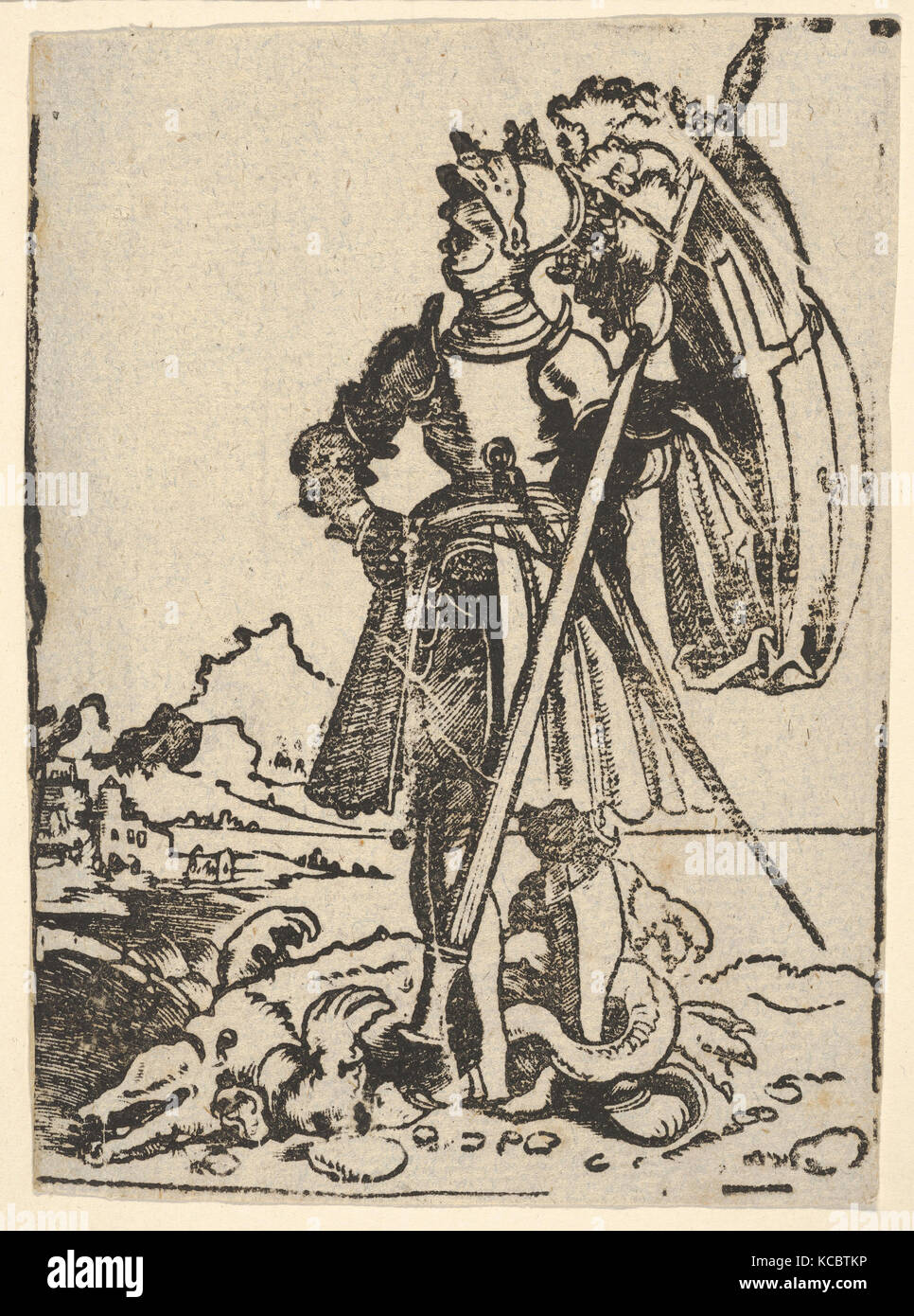 Saint George, Xilografia, foglio: 5 1/8 × 3 11/16 in. (13 × 9,4 cm), stampa Foto Stock
