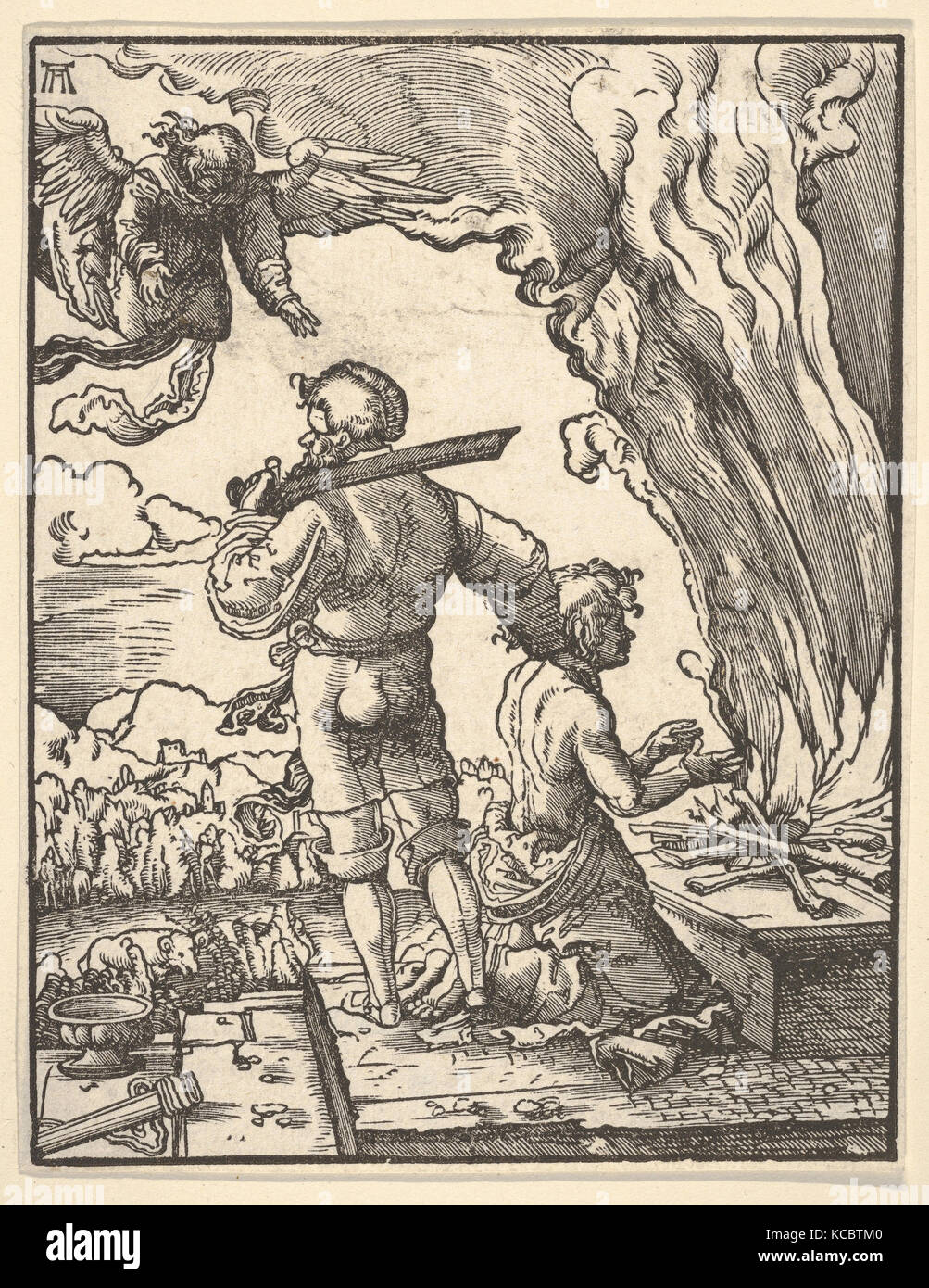 Sacrificio di Abramo, Xilografia, blocco: 4 13/16 x 3 3/4 in. (12,2 x 9,5 cm), stampe di Albrecht Altdorfer (tedesco, Regensburg Foto Stock