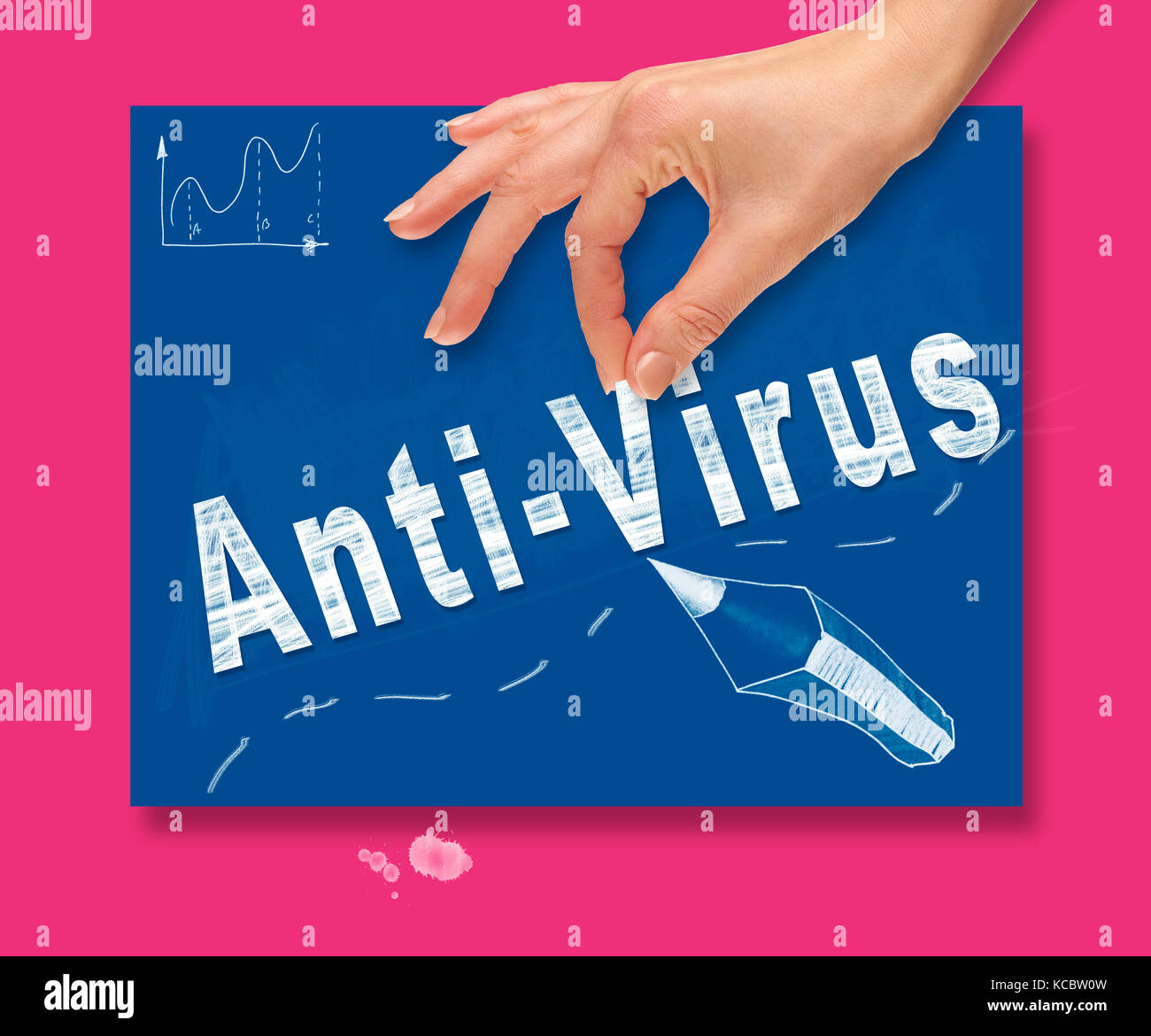 Una mano di prelevare un concetto di antivirus su un colorato disegno bordo. Foto Stock