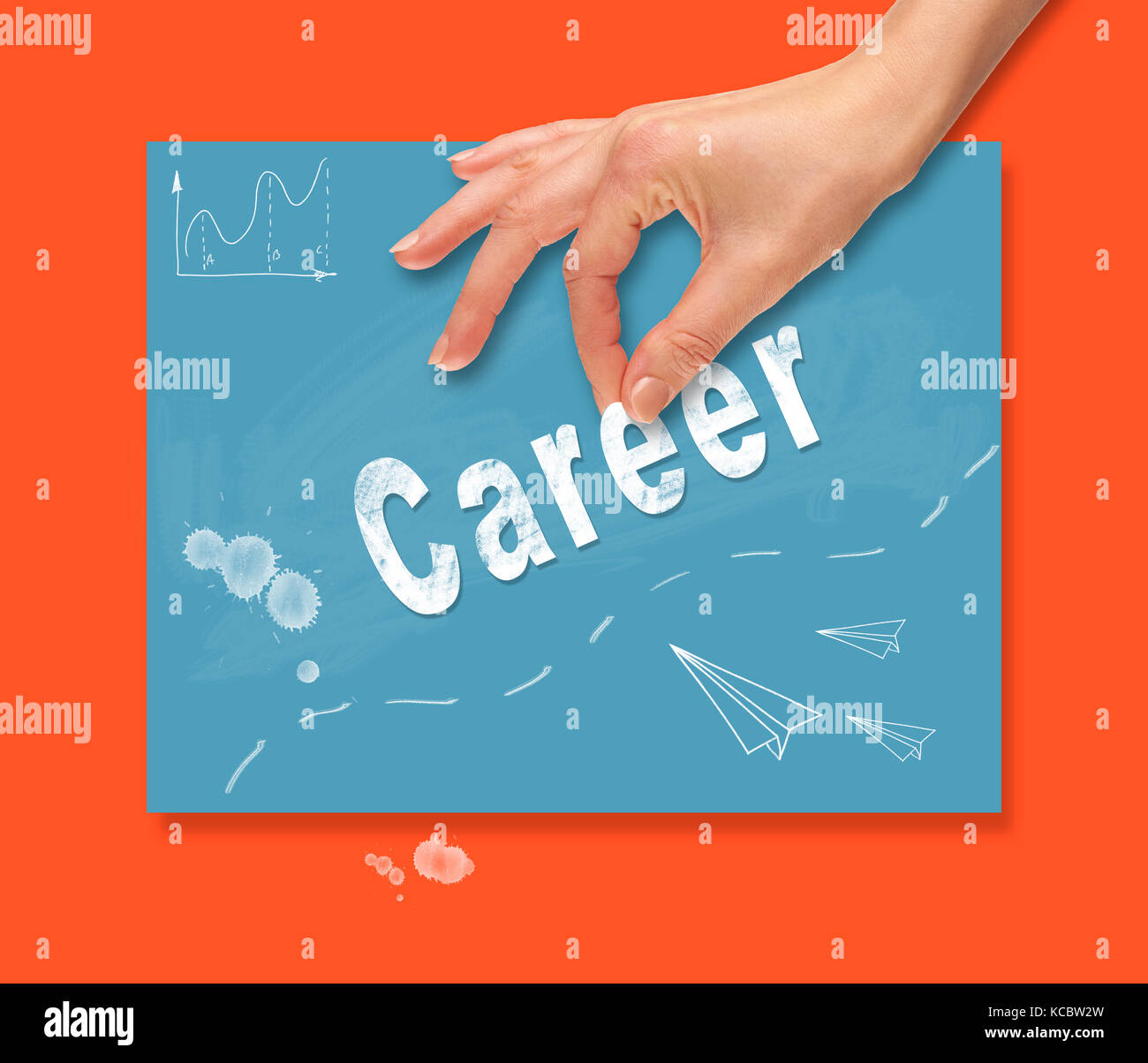 Una mano di prelevare un concetto di carriera in un colorato disegno bordo. Foto Stock