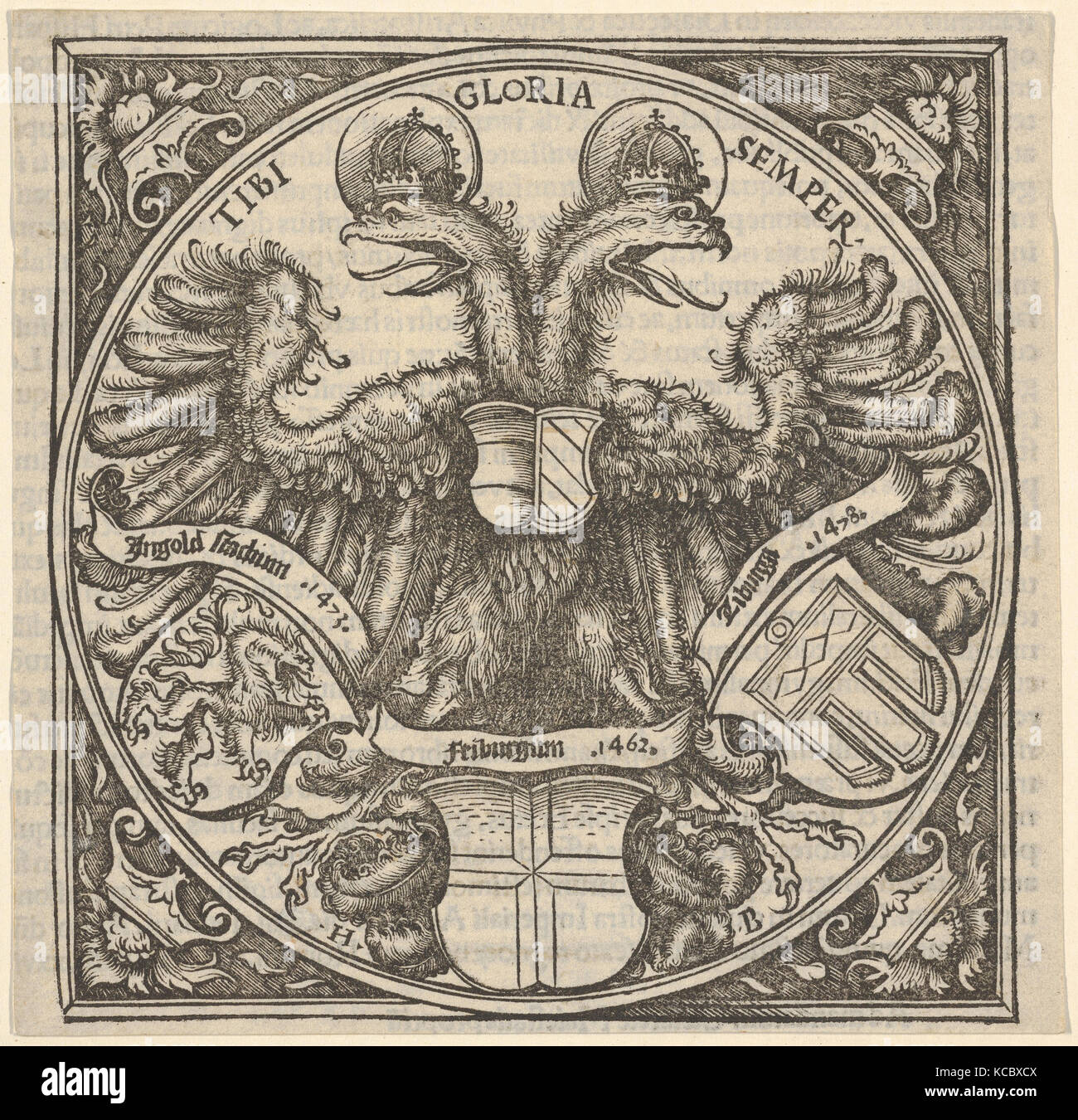 Imperial Double Eagle con lo stemma di Ingolstadt, Freiburg, e Tubinga, dal Joan. Eckii Theologi in summulas Petri Foto Stock