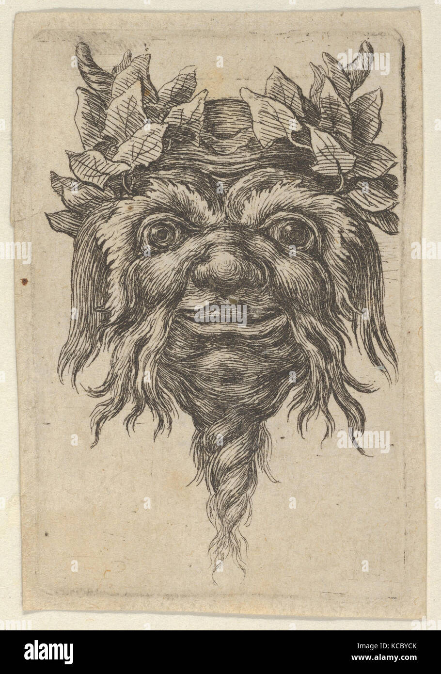 Il satiro maschera con una barba Spiral-Shaped ed edera raggruppati intorno a ciascun avvisatore acustico, da subacquei Masques, François Chauveau, ca. 1635-45 Foto Stock