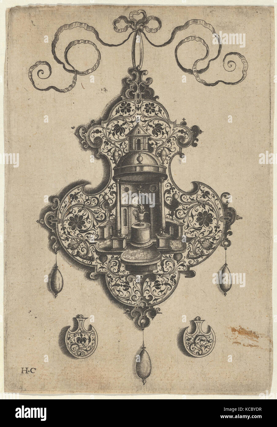 Il design del telecomando con un tempietto circolare e la masterizzazione di pentola sopra Ax-Shaped ornamenti, Jan Collaert I prima 1573 Foto Stock