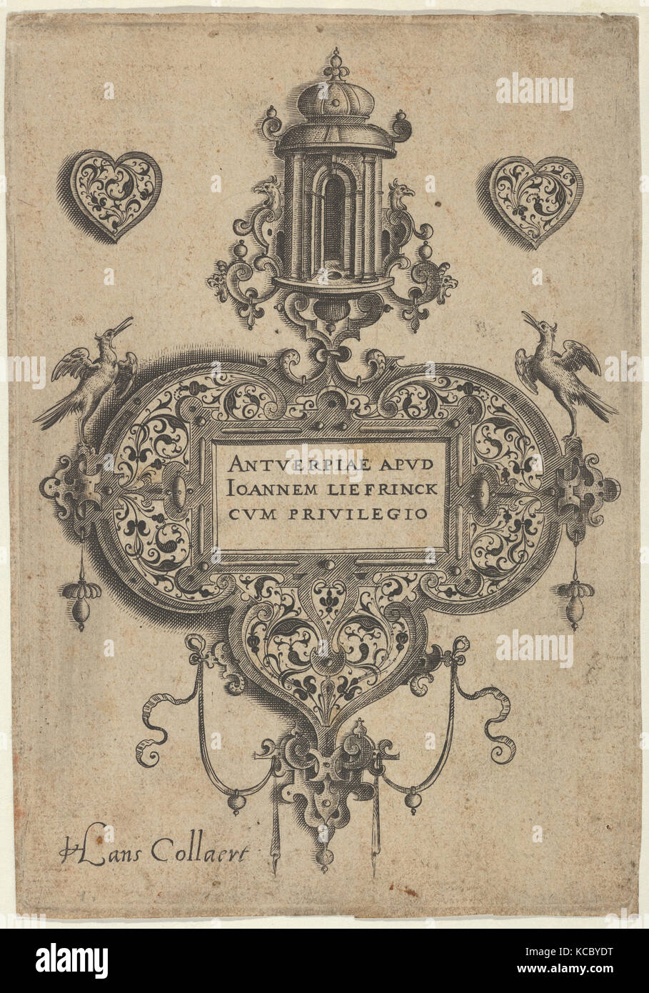 Titolo piastra, dal design pendente con elementi architettonici e Vegetal-Arabesques, Jan Collaert I prima 1573 Foto Stock
