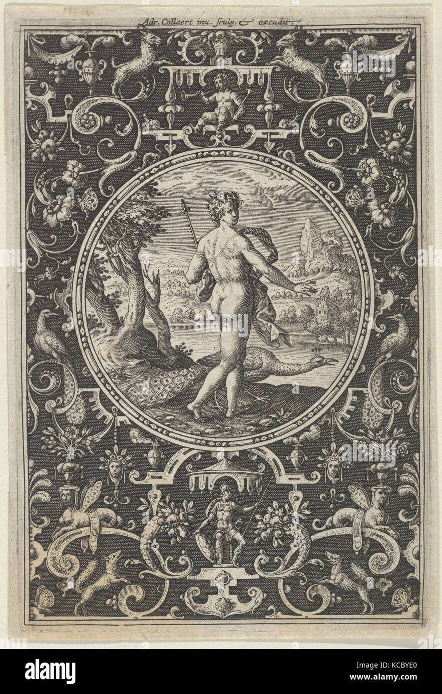 Juno in una cornice decorativa con grottesche, dalla sentenza di Parigi, Adriaen Collaert, ca. 1580-1600 Foto Stock