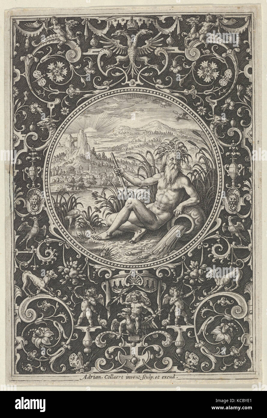 Nettuno in una cornice decorativa con grottesche, dalla sentenza di Parigi, Adriaen Collaert, ca. 1580-1600 Foto Stock