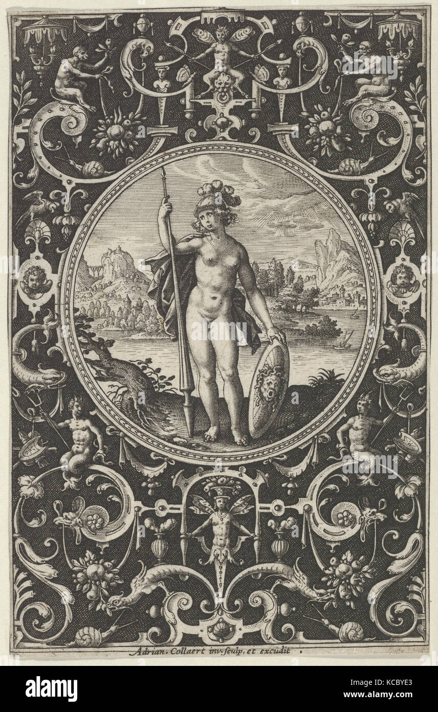 Minerva in una cornice decorativa con grottesche, dalla sentenza di Parigi, Adriaen Collaert, ca. 1580-1600 Foto Stock